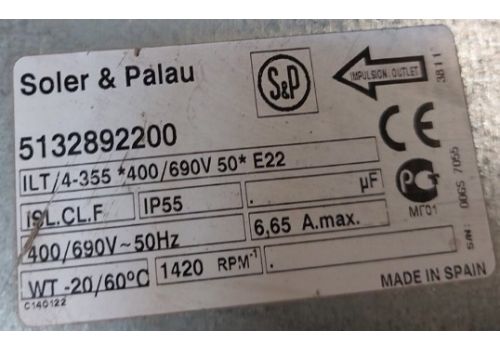  Прямокутний канальний вентилятор. ILT/4-355*400/690V50*E22Soler&Palau, Іспанія БУ, fig. 2 