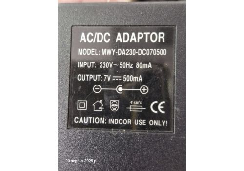  Блок живлення input: 220-240V, 50-60Hz, 80mA// output: 7V, 500mA шт 5,5*1,6мм, fig. 1 